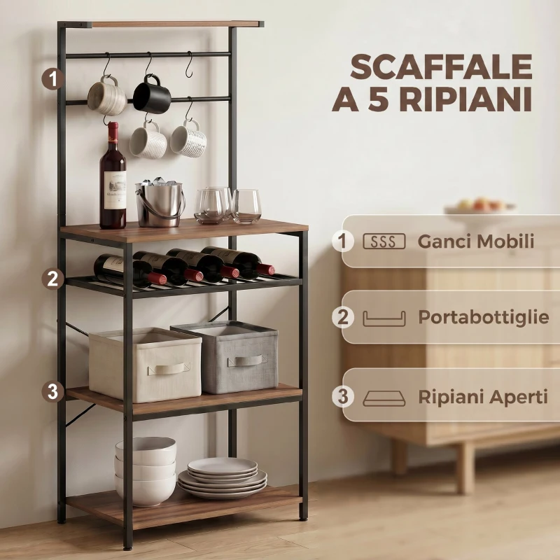 HOMCOM Scaffale Cucina a 5 Livelli Stile Industriale con 6 Ganci e Portabottiglie, Noce