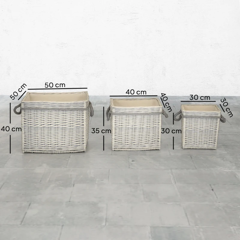 Outsunny Set of 3 Log Baskets for Wood Burner Indoor, Storage Basket with Lining and Rope Handles, Wicker Basket for Fireside Storage, Blankets, Beige