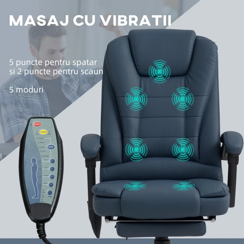 Vinsetto Fotoliu de birou cu 7 puncte de masaj și suport pentru picioare, din piele PU și oțel, 67x67x111-121 cm, albastru(m-4)