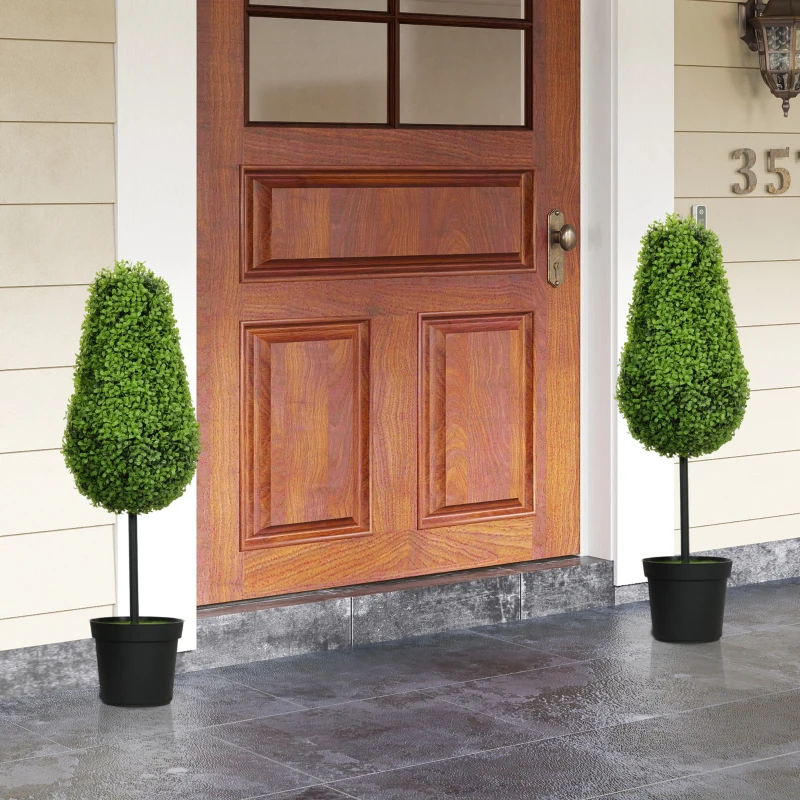 HOMCOM Set van 2 Kunstmatige Buxus 90cm Kunstplant in Traanvorm, Plastic Kunstplanten in Pot Moderne Decoratie