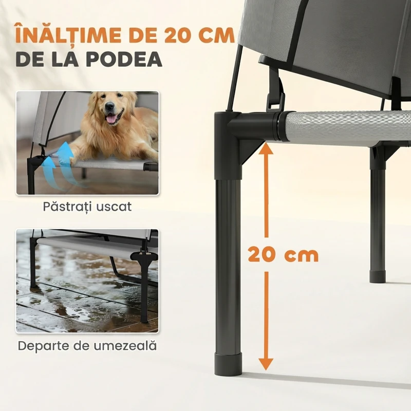 PawHut Pat pentru Câini cu Copertină Detașabilă pe 3 Laturi, din Poliester și Oțel, 106x76x94 cm, Gri Deschis și Negru
