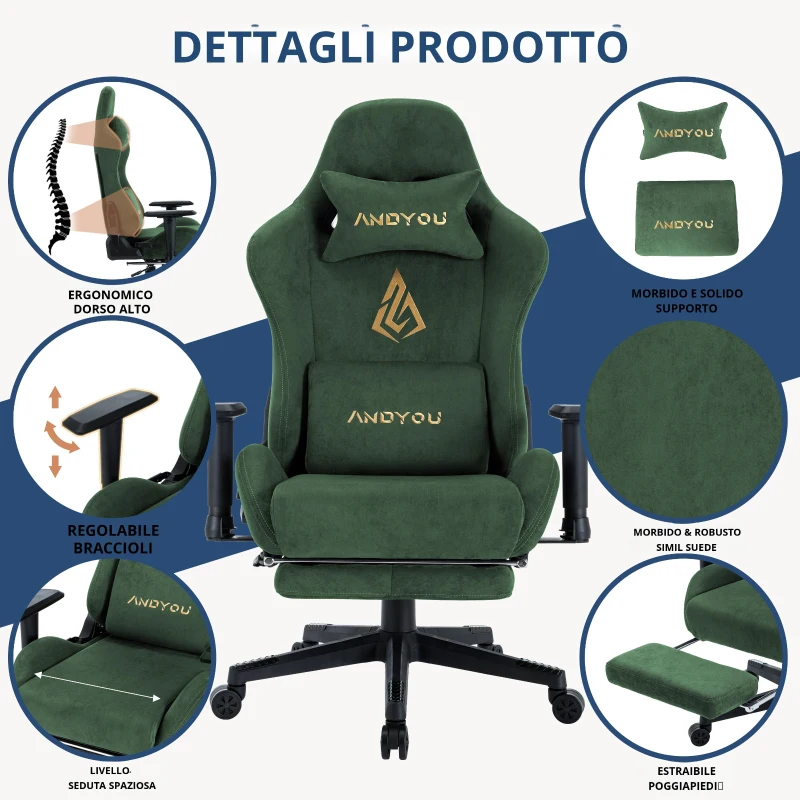 Sedia gaming con poggiapiedi, similpelle scamosciata traspirante, regolabile in altezza con pistone a gas, girevole, 70x70x135 cm, Verde