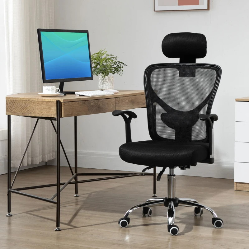 Vinsetto Silla de Escritorio Giratoria Silla de Oficina con Altura Ajustable Respaldo Reclinable Reposacabezas Regulable y Soporte Lumbar Tapizado en Malla Transpirable Negro
