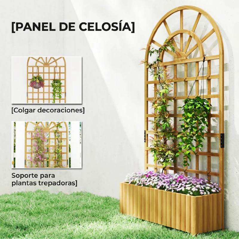 Outsunny Jardinera con Enrejado de Madera con Drenaje para Cultivos Verduras Flores Hierbas 90x30x180 cm Natural