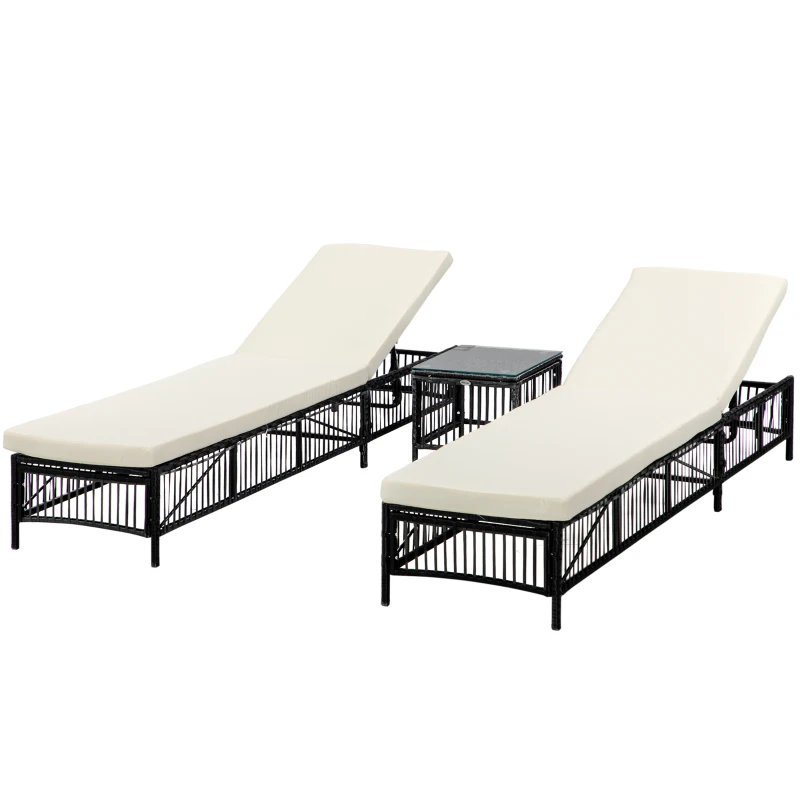 Outsunny Conjunto de 2 Tumbonas de Ratán con Mesa de Centro Respaldo Ajustable en 5 Niveles y Cojines 196x54x32 cm Negro
