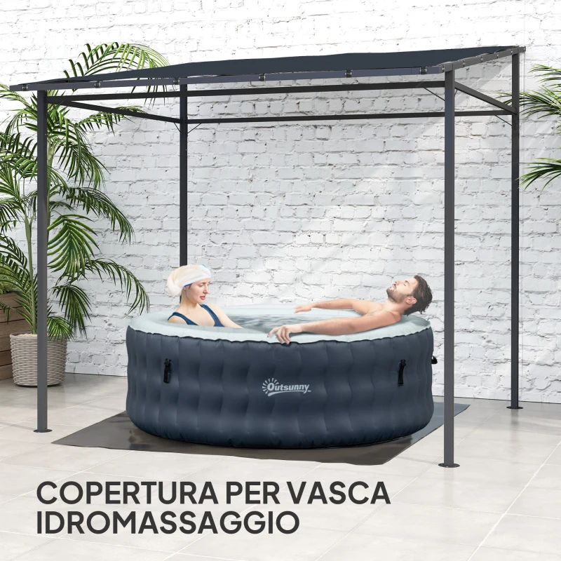 Outsunny Pergola Addossata con Chiusure a Strappo, in Metallo e Poliestere, 238x238x235/194 cm, Grigio Scuro