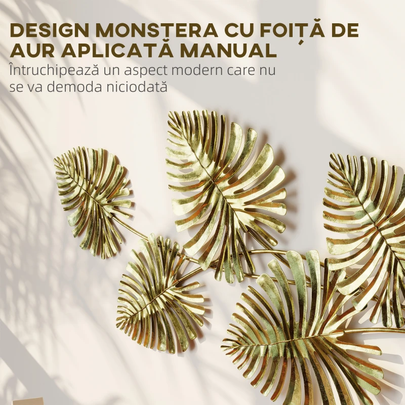 HOMCOM Operă de Artă Murală cu 5 Frunze de Monstera din Metal Auriu cu Accesorii de Montaj Incluse, 83x2.5x39 cm