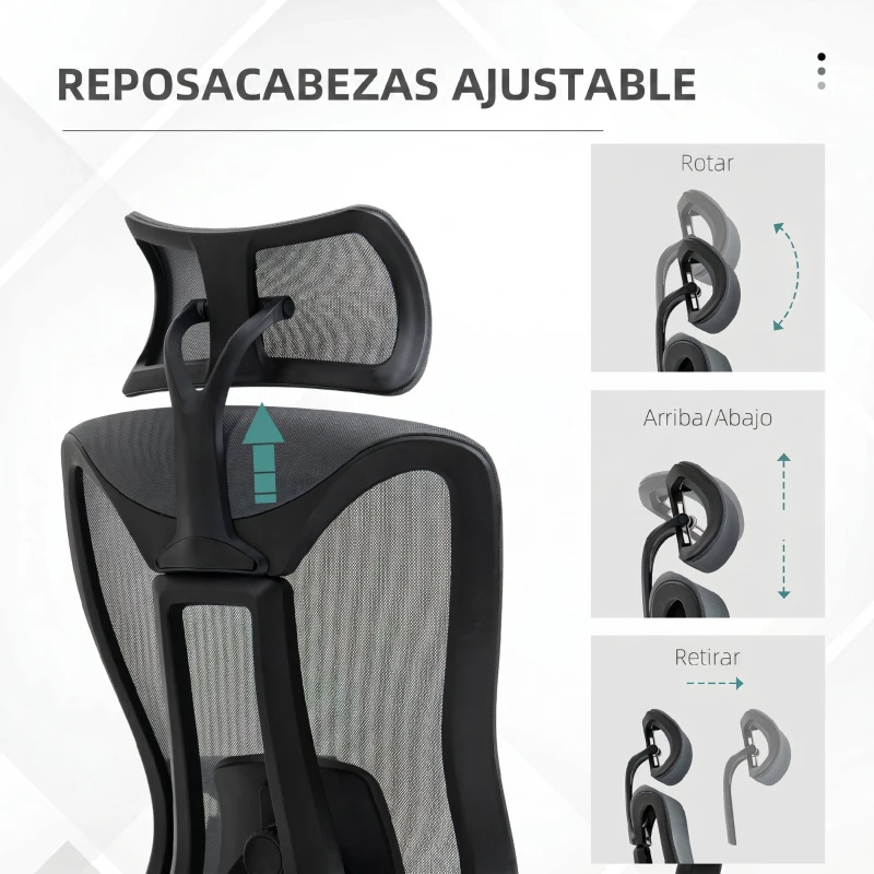 Vinsetto Silla de Escritorio de Malla con Reposacabezas Ajustable Soporte Lumbar y Reposabrazos 3D 70x66x128 cm Gris
