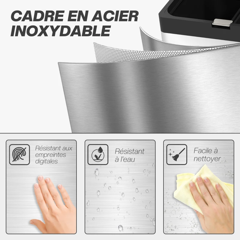 HOMCOM Poubelle rectangulaire à pédale poubelle cuisine 3 compartiments fermeture douce acier inox 45,7 x 35,8 x 76 cm argent