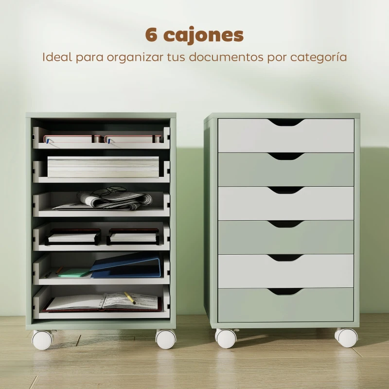 HOMCOM Cajonera Escritorio Archivador Móvil con 6 Cajones Ruedas Guías Deslizantes Silenciosas para Oficina Casa Verde
