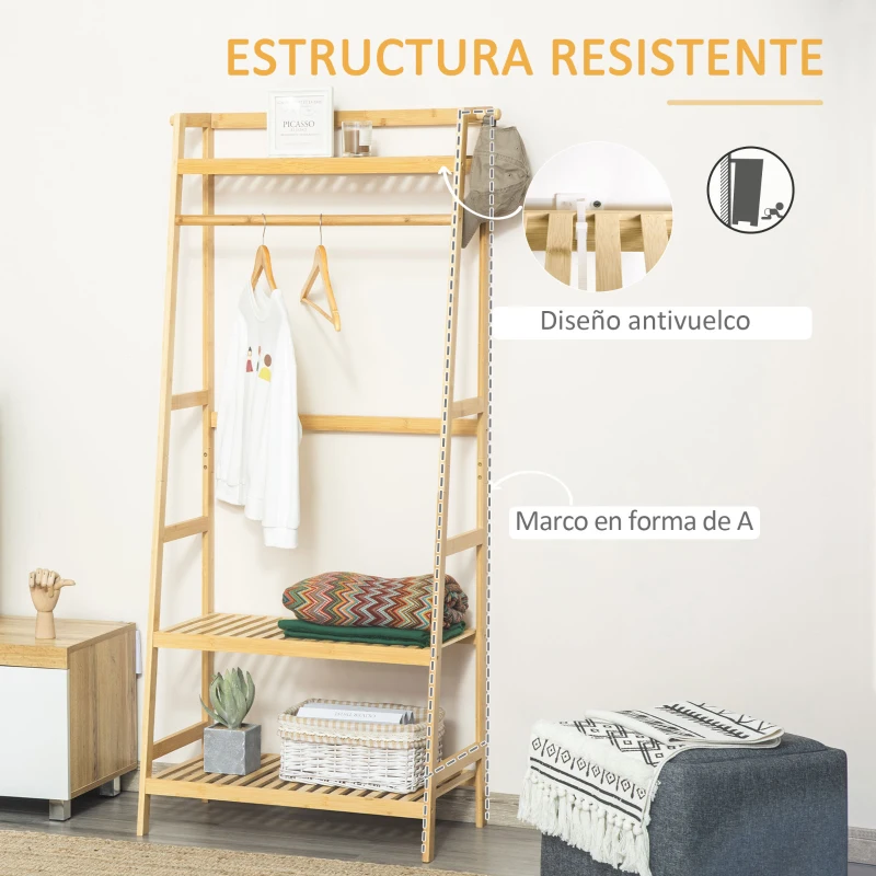 HOMCOM Perchero de Pie de Bambú Perchero Trapezoidal con Estantería de 3 Niveles con Barra y Colgador 70x42x164 cm Natural