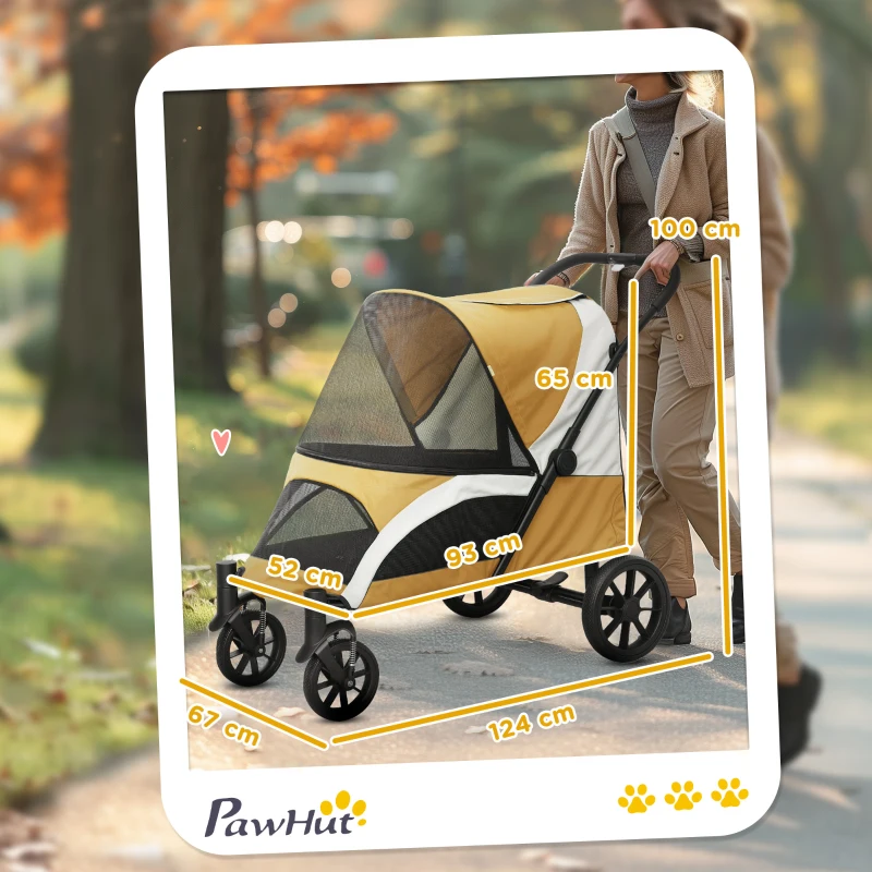 PawHut Hondenwagen, opvouwbare hondenbuggy voor middelgrote honden, dierenwagen met 4 wielen, veiligheidsriemen, remmen, bruin
