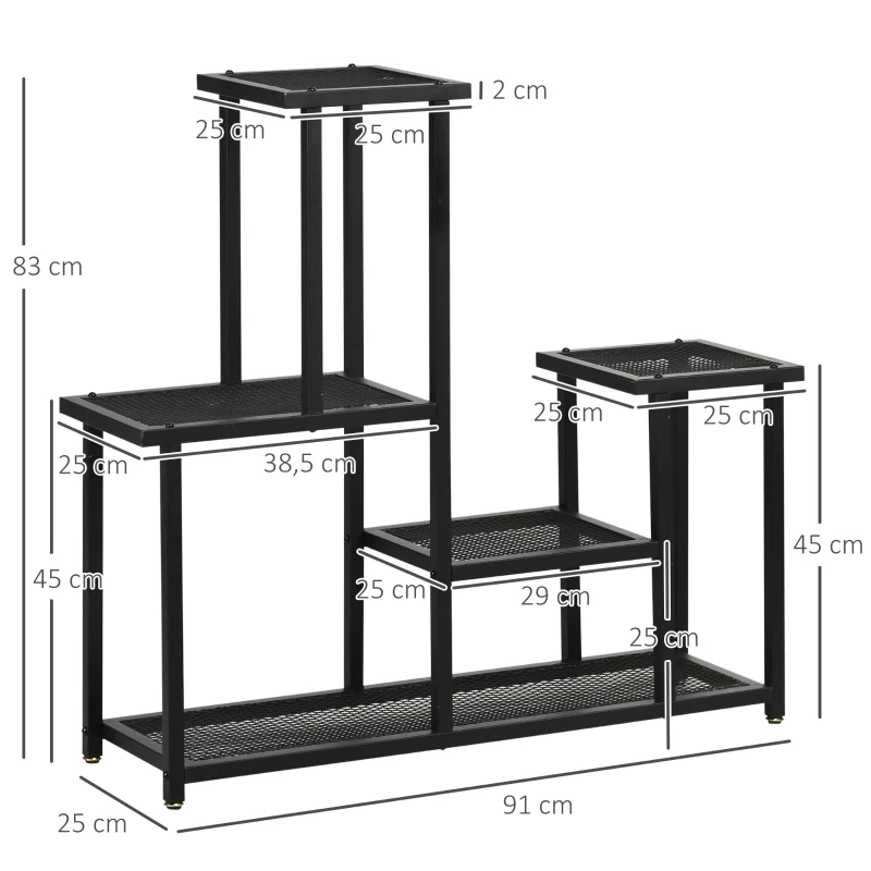 Outsunny plantenrek, plantentrap met 4 treden, bloemenrek op meerdere niveaus, plantenstandaard voor tuin, balkon, metaal, zwart, 91 x 25 x 83 cm(m-3)