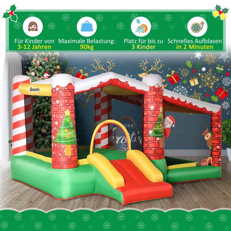 Outsunny kerstmis opblaasbaar springkasteel met waterbassin trampoline kleine glijbaan voor 3 kinderen springkasteel met blazer voor 3-8 jaar kleuterschool Oxford stof polyester rood + groen 325 x 270 x 175 cm