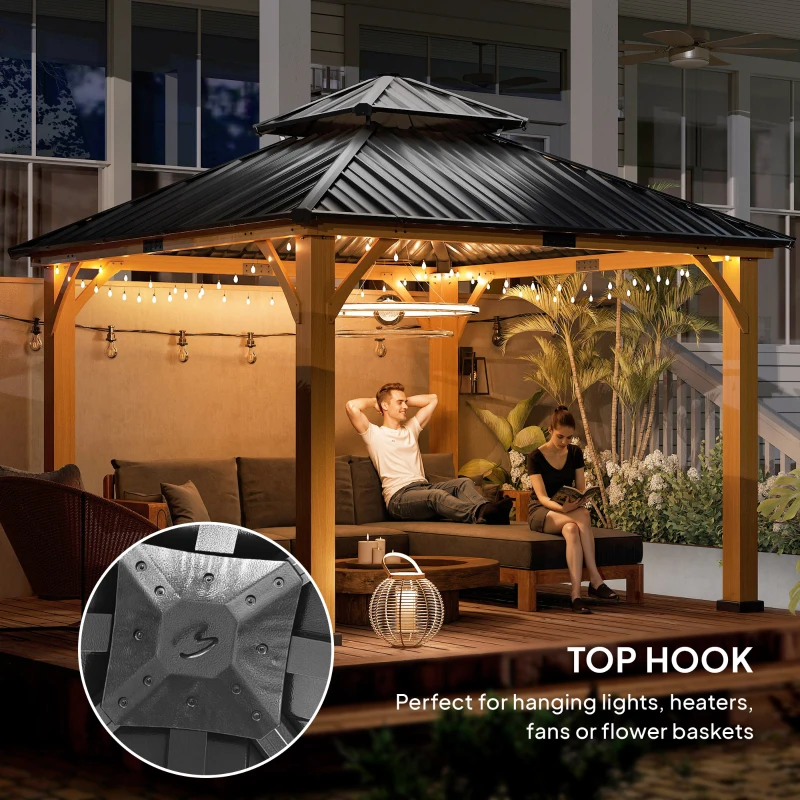 Outsunny 3.5 x 3.5m Outdoor Hardtop Gazebo Canopy with Two-tier Metal Roof and Solid Wood Frame Outdoor Patio Shelter for Patio, Garden, Black