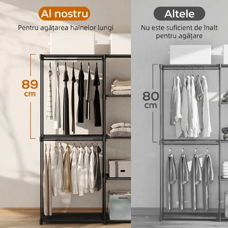 HOMCOM Dulap garderobă cu 2 bare și 4 rafturi, din material textil netesut, plastic și oțel, 142x43x185 cm, negru