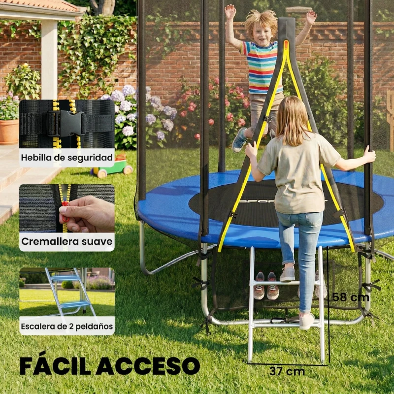 SPORTNOW Cama Elástica Exterior Ø183 cm Trampolín para Niños de +6 Años Adultos con Red de Seguridad Escalera de 2 Peldaños Azul