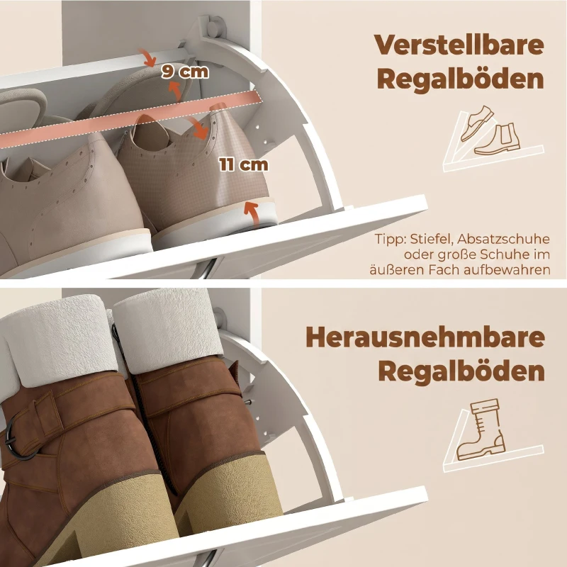 HOMCOM Schoenenkast met 2 kleppen, smal rek met lade en verstelbare schotten, voor 8 paar schoenen