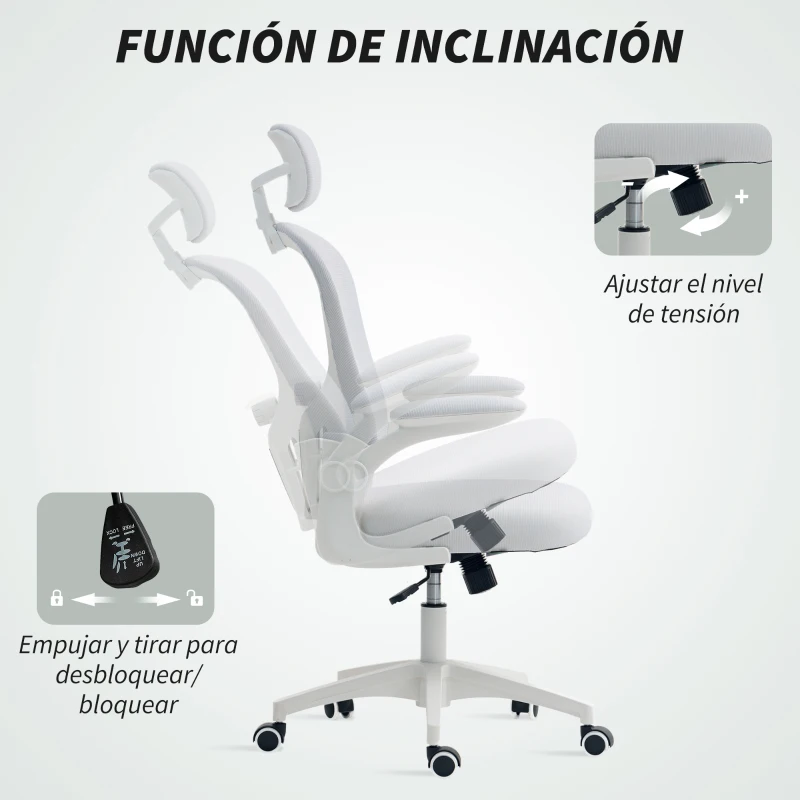 Vinsetto Silla de Oficina de Malla con Respaldo Alto Reposacabezas Ajustable Soporte Lumbar 4D 62x64x120 cm Blanco