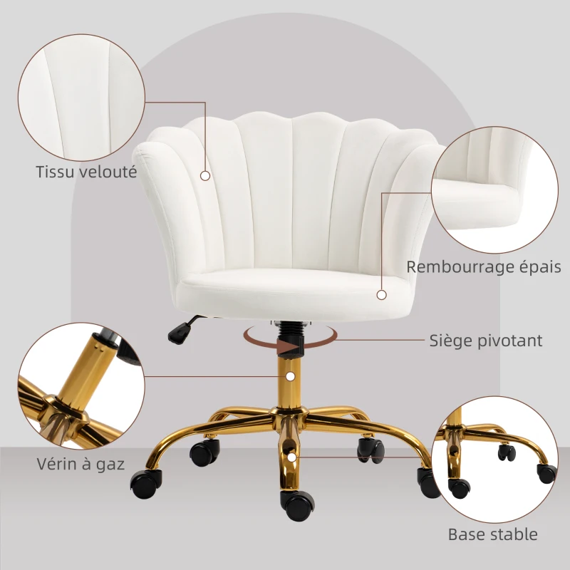 HOMCOM Chaise bureau en velours, chaise coiffeuse avec dossier en pétale, hauteur réglable, 69 x 64 x 80-90 cm, blanc