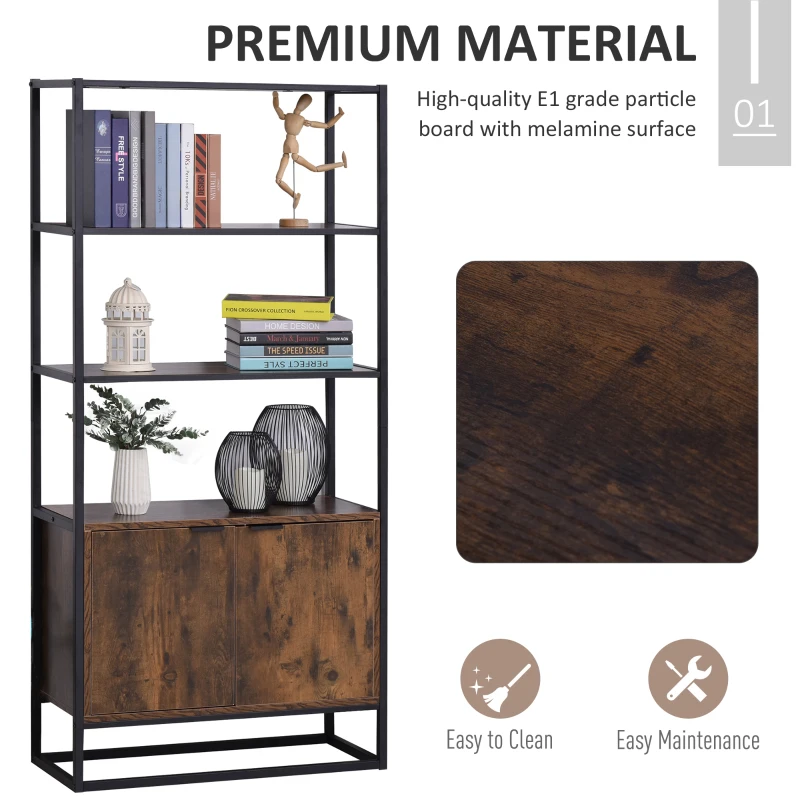 HOMCOM Industrial Bookshelf, Storage Shelf, Large Bookcase with 3 Open Shelves, Multifunctional Rack for Living Room, Office, Rustic Brown and Black