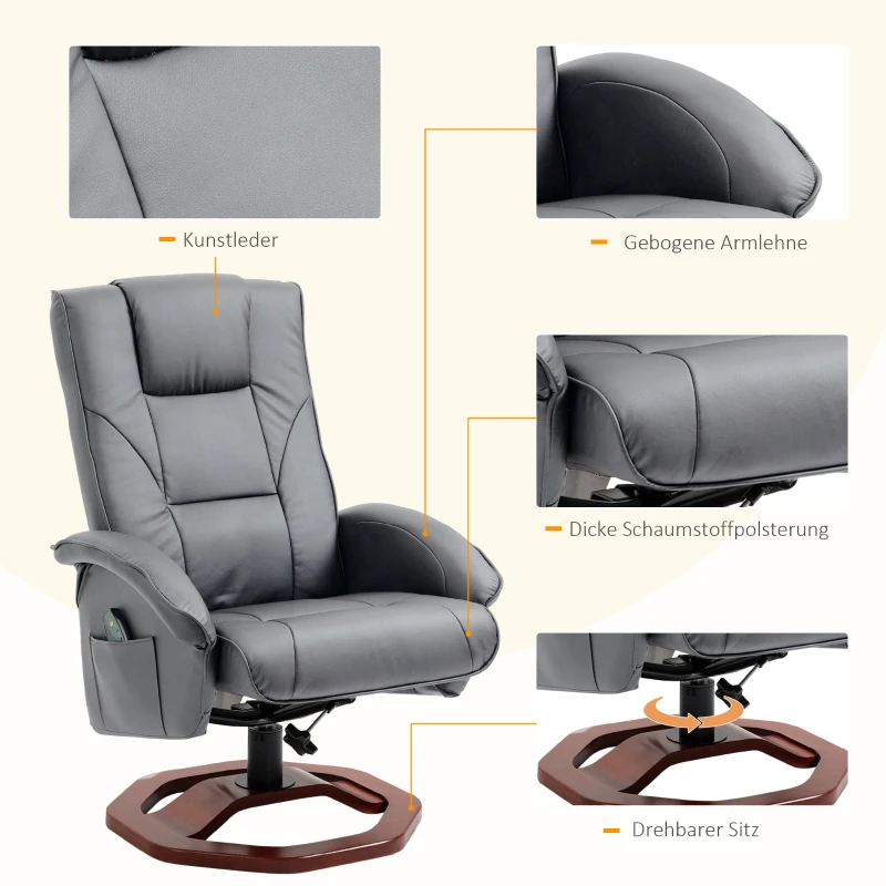 HOMCOM Massagestoel met hocker, ligfunctie, afstandsbediening, draaibaar, lederlook, tot 150 kg, donkergrijs