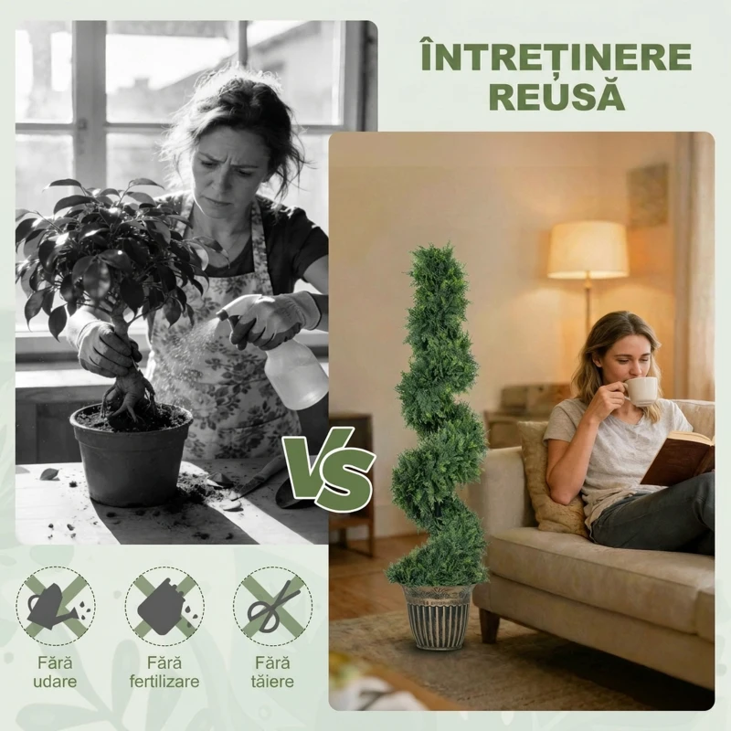 HOMCOM Set 2 Chiparoși Artificiali Spiralați 120 cm cu Ghiveci, pentru Decor Interior și Exterior, Verde