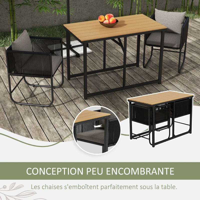 Outsunny Salon de jardin ensemble 3 pièces avec 1 table et 2 fauteuils 4 coussins table en composite plateau aspect bois noir