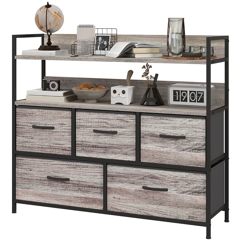 HOMCOM Rustic Chest of Five Fabric Drawers - Grey Wood Effect