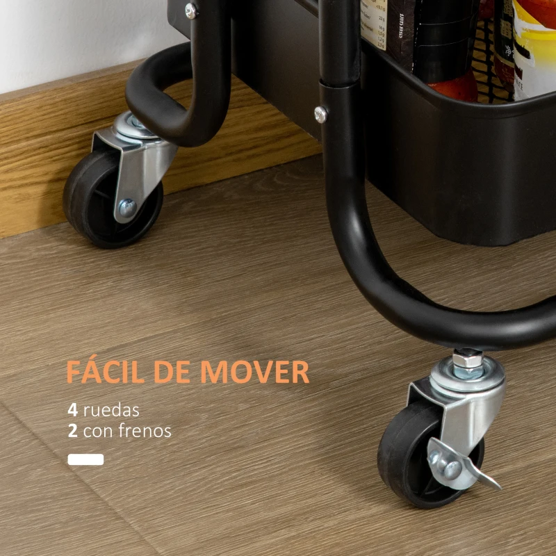 HOMCOM Carrito Auxiliar con Ruedas Carro de Almacenaje de 3 Niveles  para Baño Cocina Dormitorio Oficina 46x34,5x76,5 cm Negro