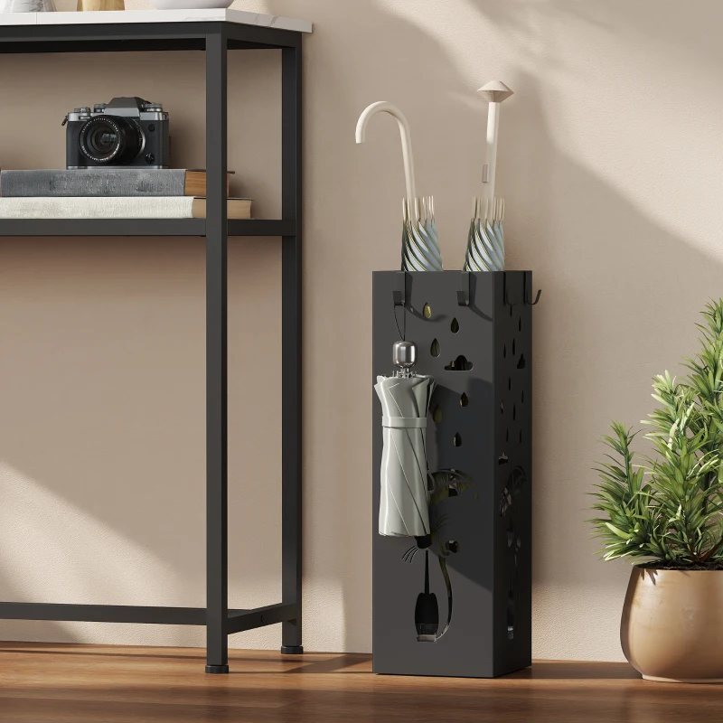 HOMCOM Portaombrelli Quadrato Stilizzato in Metallo con Vassoio Antigoccia Rimovibile e 4 Ganci, 15.5x15.5x49 cm, Nero