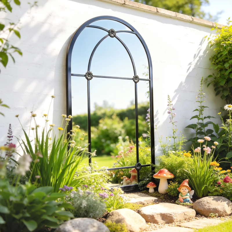 Outsunny Arched Mirror, Shatterproof Acrylic Windowpane Wall Mounted Mirror with Robust Metal Frame, 100 x 60 cm, Black