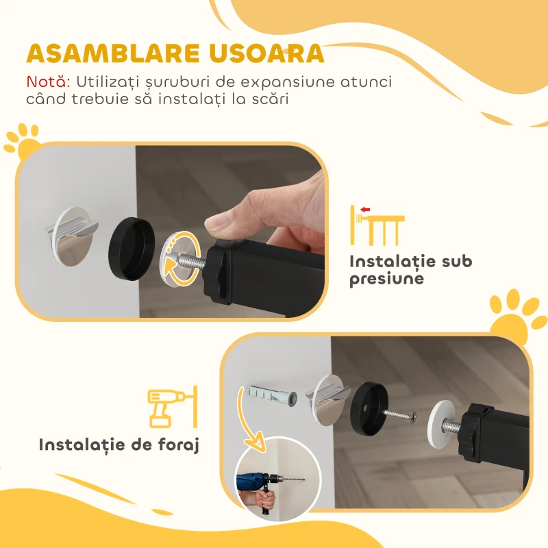PawHut Poartă Extensibilă și Reglabilă pentru Câini, pentru Scări și Uși, din Oțel și ABS, 75-85x76 cm, Neagră