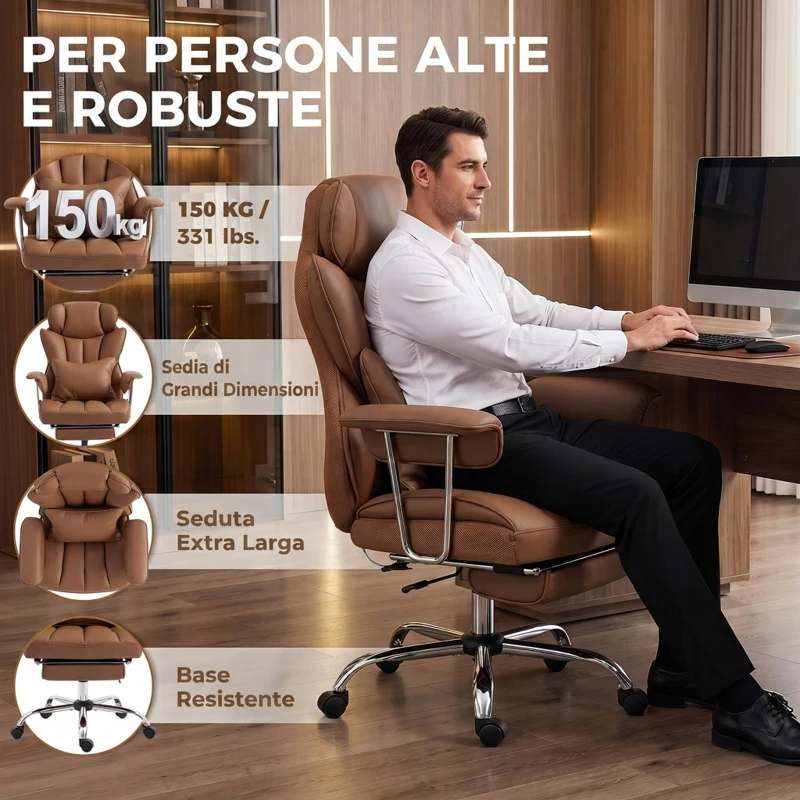 HOMCOM Sedia da Ufficio Massaggiante a 6 Punti Reclinabile con Cuscino Lombare e Poggiapiedi, Marrone