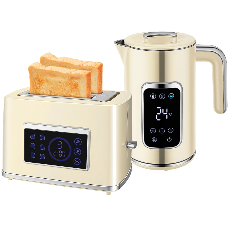 HOMCOM Waterkoker en broodrooster-set met LED-Touchscreen, 1,7 L, 2 broodroostersleuven, verschillende modi en functies, Crèmewit