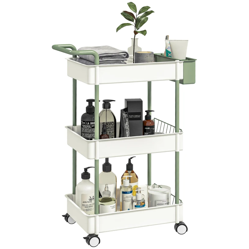 HOMCOM Trolley, 3 verdiepingen, hangmand, duwhandgreep, 4 wielen, metalen frame, wit, 50 x 29,4 x 77 cm