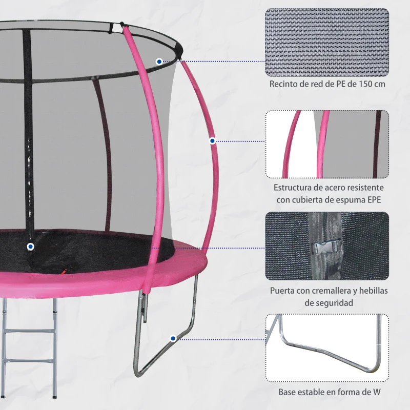 HOMCOM Cama Elástica Multifuncional Estable para Exterior e Interior Patio Gimnasio Trampolín Grande con Red Seguridad y Escalera Carga 100kg para Adultos y Niños Φ244x205 cm Rosa