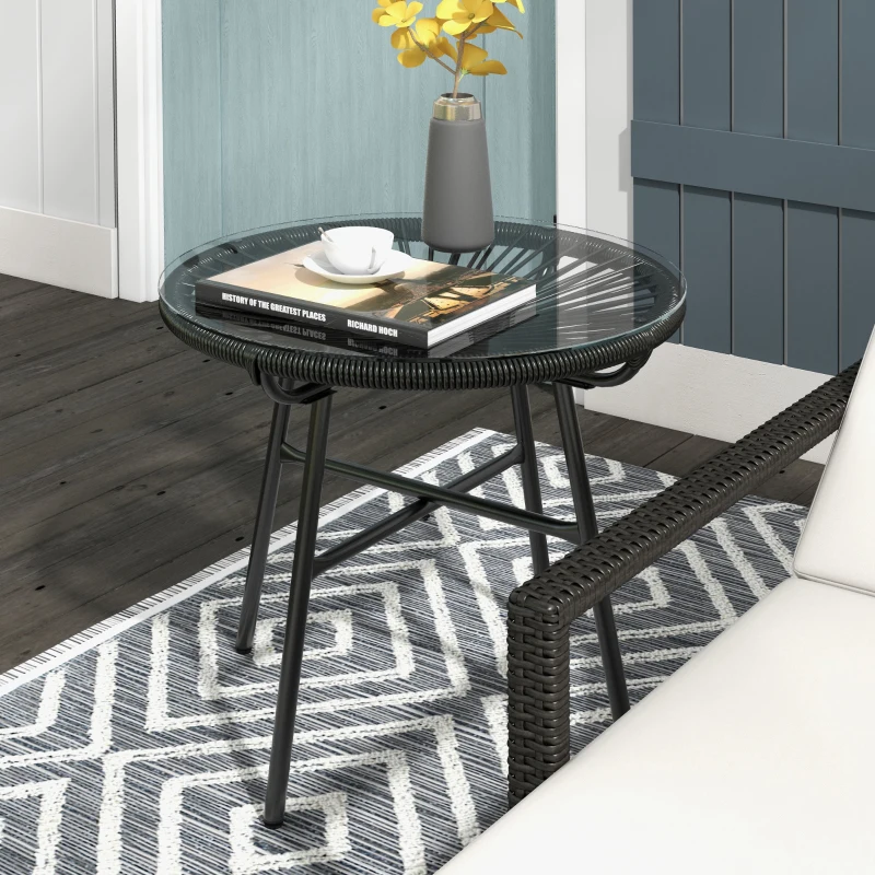 Outsunny Tuintafel boho-stijl outdoor bijzettafel, PE-rattan, gehard glas, weerbestendig, 50 cm x 50 cm x 50 cm, zwart