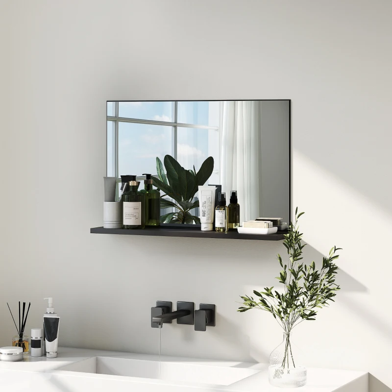 kleankin Specchio Bagno da Parete con Mensola Design Moderno e Multiuso, 60x12x40 cm, Nero