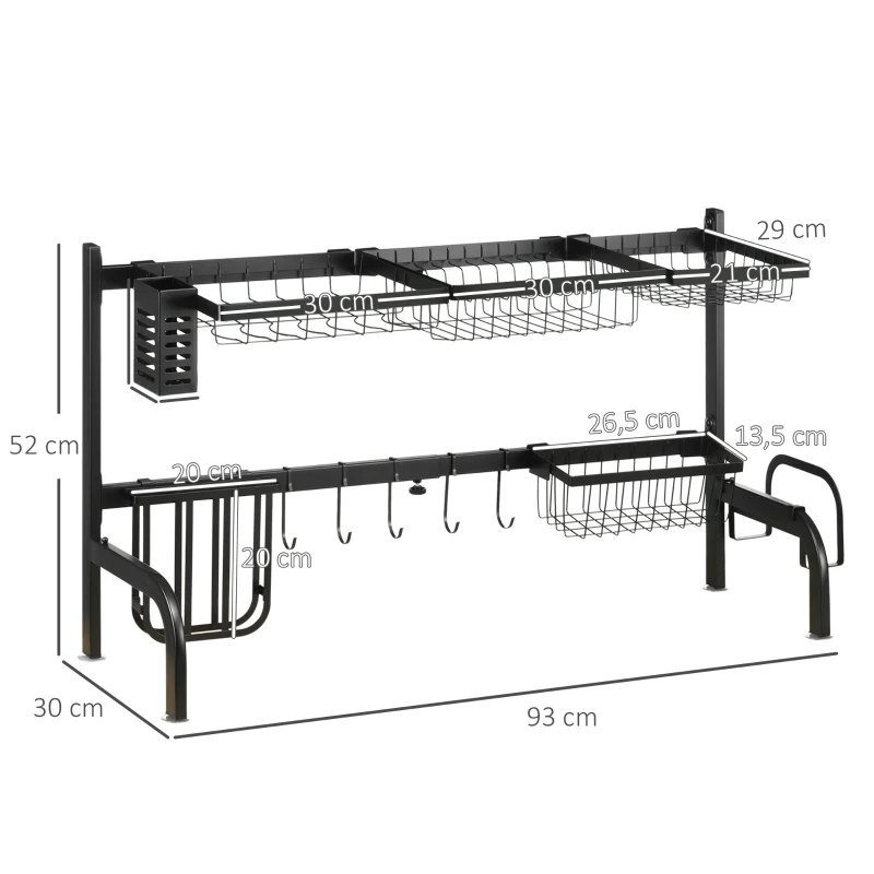 HOMCOM Afdruiprek voor vaat, in lengte verstelbaar van 51-93 cm, veel elementen, flexibele indeling, 93 x 30 x 52 cm, zwart