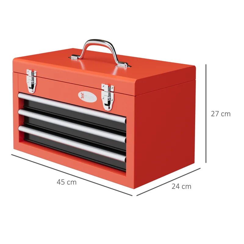 DURHAND Gereedschapskist met 3 laden, 1 vak, robuuste stalen sloten, 45 x 24 x 27 cm, Rood