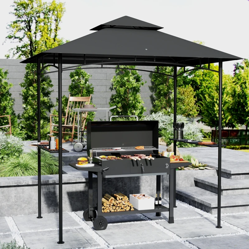 Outsunny Grillpaviljoen met LED-verlichting 240 x 150 x 258 cm Waterafstotend en Vlamvertragend Tuinpaviljoen met Dubbellaagsdak