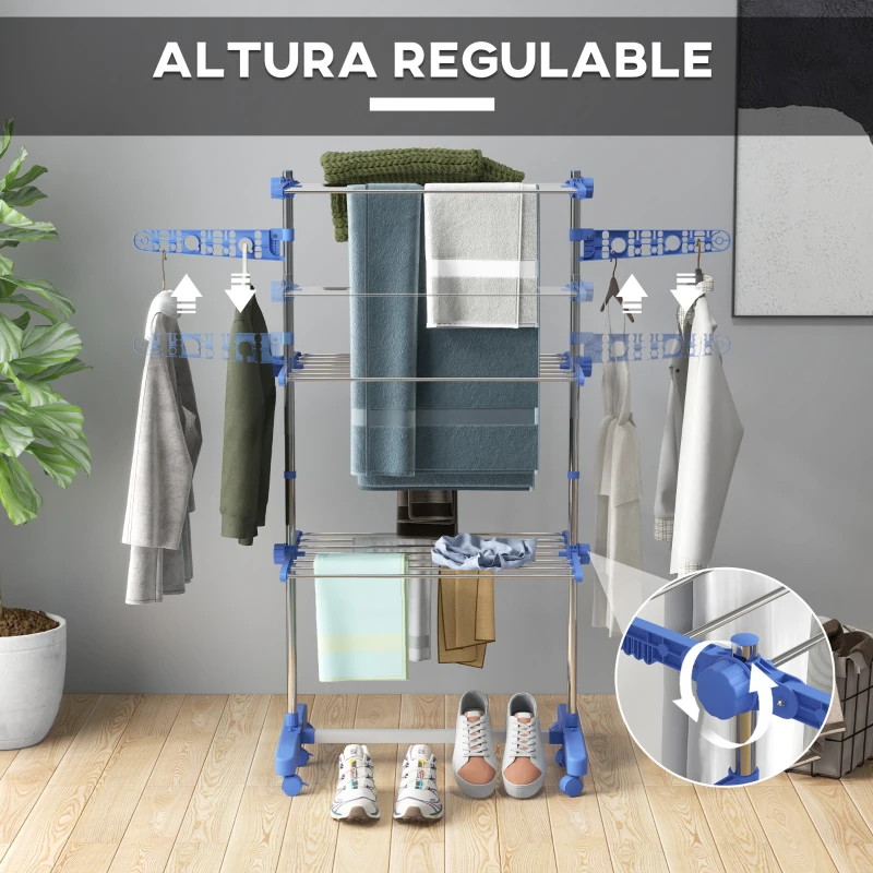 HOMCOM Tendedero Vertical de 3 Niveles con 6 Ruedas 2 Laterales Abatibles Estantes Ajustables y Marco de Acero Inoxidable Azul