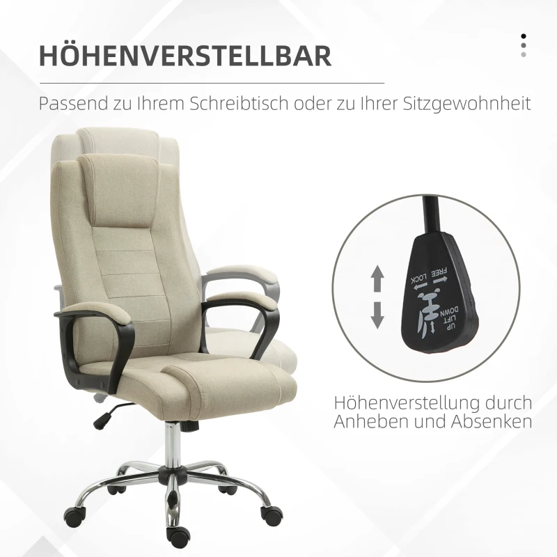 Vinsetto Bureaustoel in Linnenlook, Verstelbaar, Schommelfunctie, 5 Wielen, Beige
