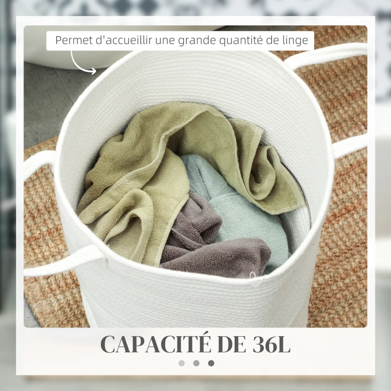 HOMCOM Panier à linge 36L, corbeille à linge en coton avec poignées pliable, 38 x 45cm, blanc crème