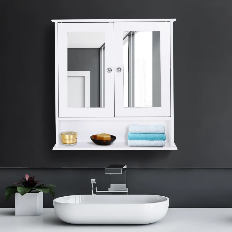 kleankin spiegelkast, wandkast met 3 opbergvakken, make-upkast, MDF, wit, 56 x 13 x 58 cm