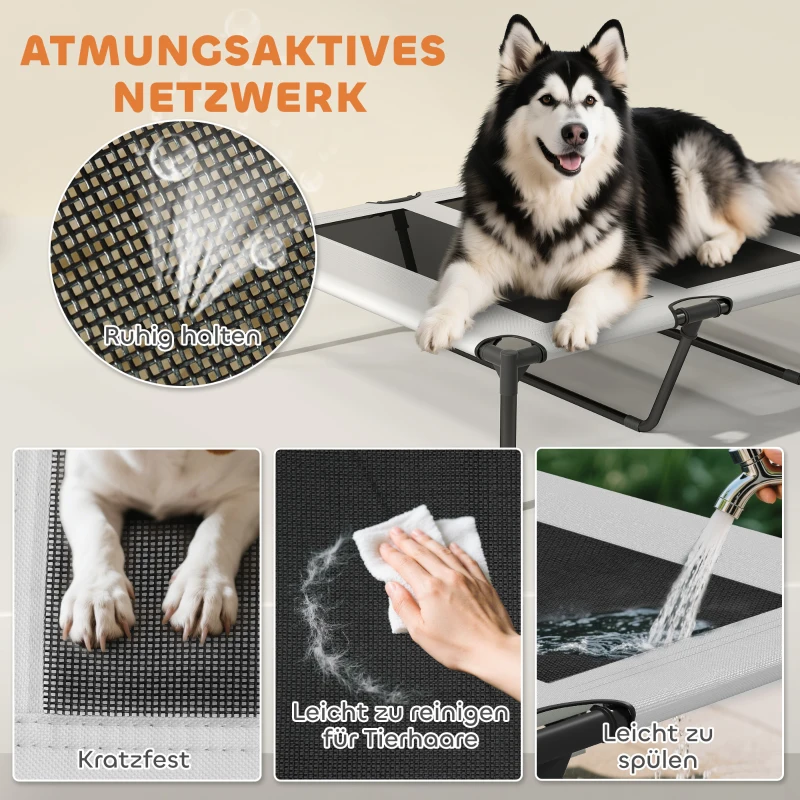PawHut Hondenbed Outdoor met Dak, Verhoogd Hondenbed voor Extra Grote Honden, met Stalen Frame, 122x92x94cm, Lichtgrijs