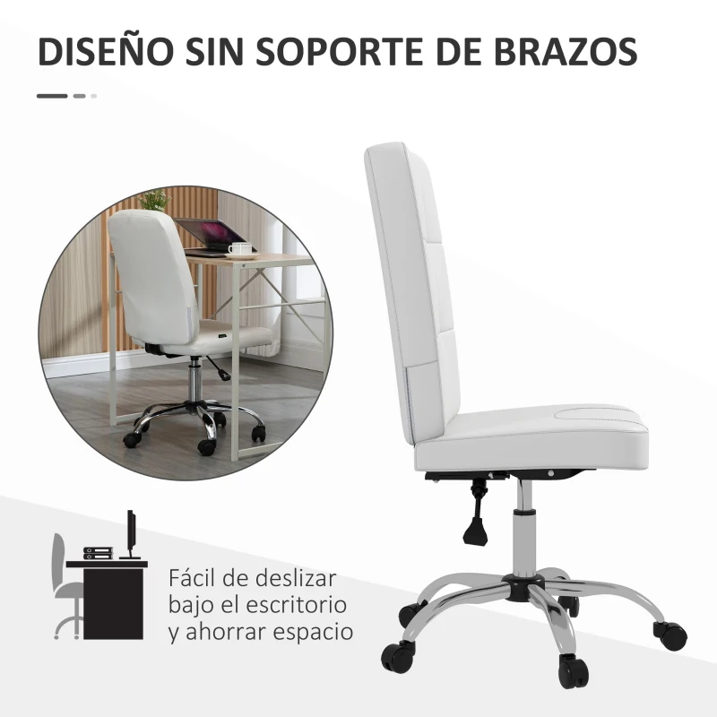 Vinsetto Silla de Oficina sin Brazos Silla de Escritorio Giratorio de Piel Sintética con Altura Ajustable 45x59x90-100 cm Blanco