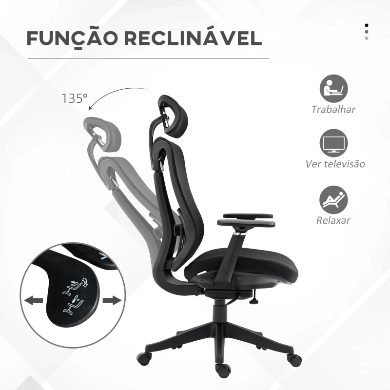 Vinsetto Cadeira de Escritório de Malha Reclinável com Apoio para a Cabeça Ajustável e Suporte Lombar 70x66x120-128 cm Preto