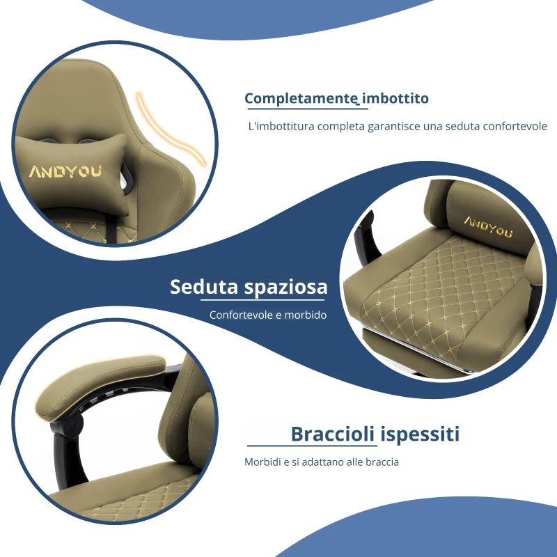 Sedia gaming ergonomica, regolabile in stile racing, seduta 100% in memory foam, cuscino poggiatesta e lombare, 60x60x122 cm, Verde